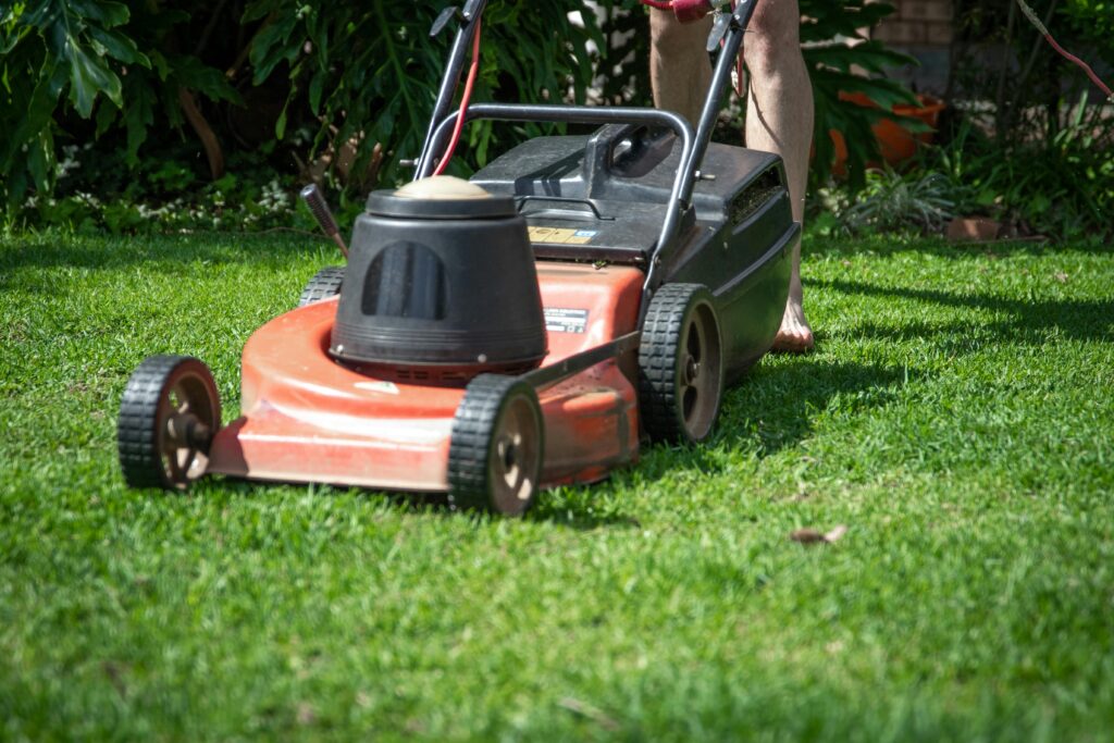 A person operating a lawn mower on green grass, featuring gardening tools and lush foliage.